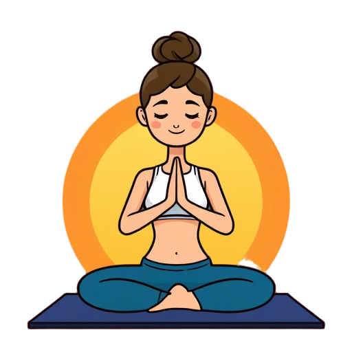 "Yoga pose" "Yoga mat" "Yoga block" "Calm face" "Sunrise background"