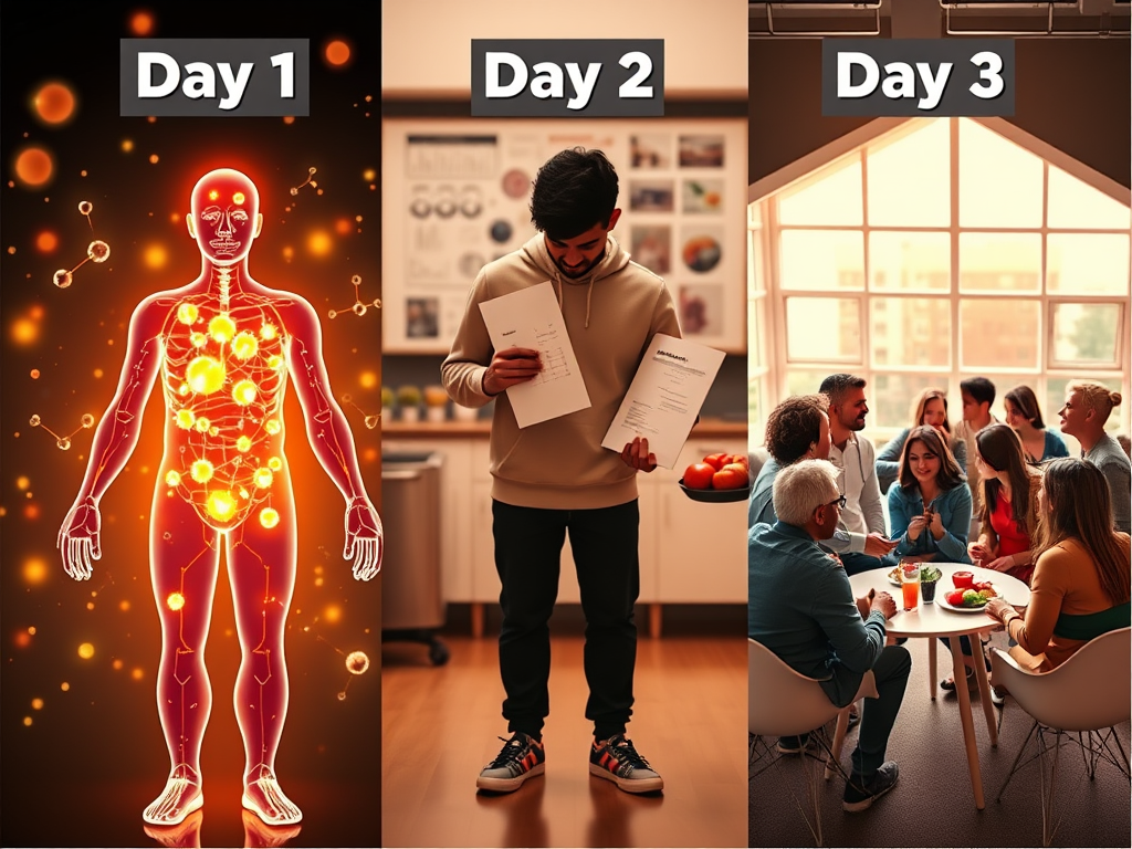 A dynamic triptych showing "Day 1