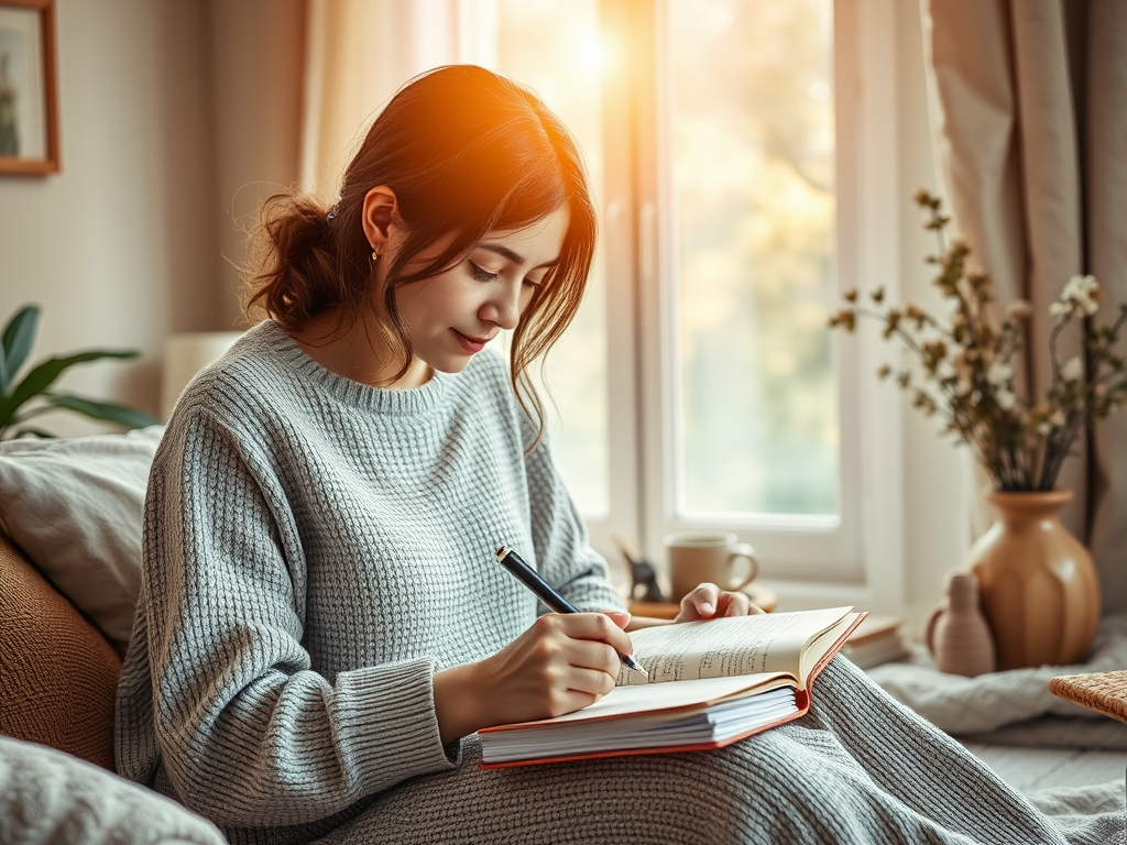 A serene mother writing in a journal "soft morning light" "calm cozy room" "mindful focus" "peaceful reflection" "gentle nature elements" "warm, inviting atmosphere".
