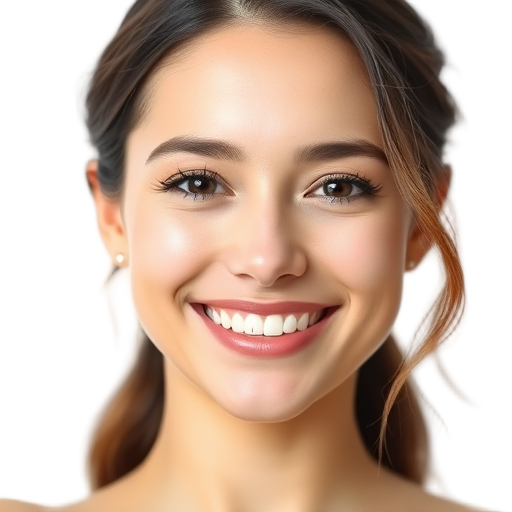 A joyful woman smiling softly to the camera with a white background looking like