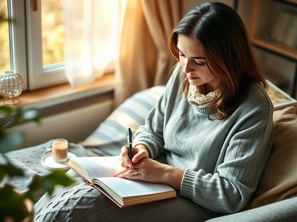 A serene mother writing in a journal "soft morning light" "calm cozy room" "mindful focus" "peaceful reflection" "gentle nature elements" "warm, inviting atmosphere".