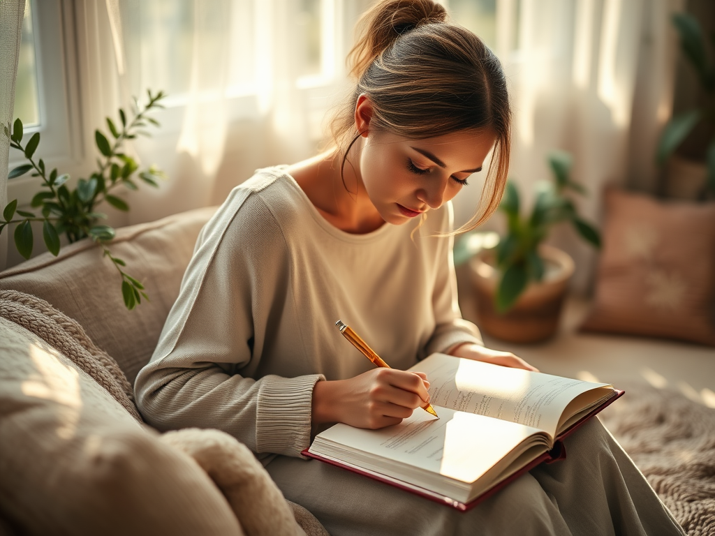 A serene mother writing in a journal "soft morning light" "calm cozy room" "mindful focus" "peaceful reflection" "gentle nature elements" "warm, inviting atmosphere".
