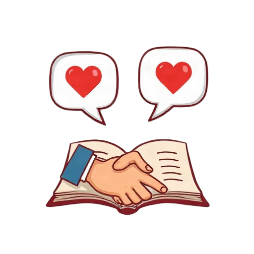 Carefully describe an image in great detail that needs to be generate, use quotes to split visual things. "two speech bubbles" "heart" "question mark" "open book" "warm connection" "soft handshake gesture"