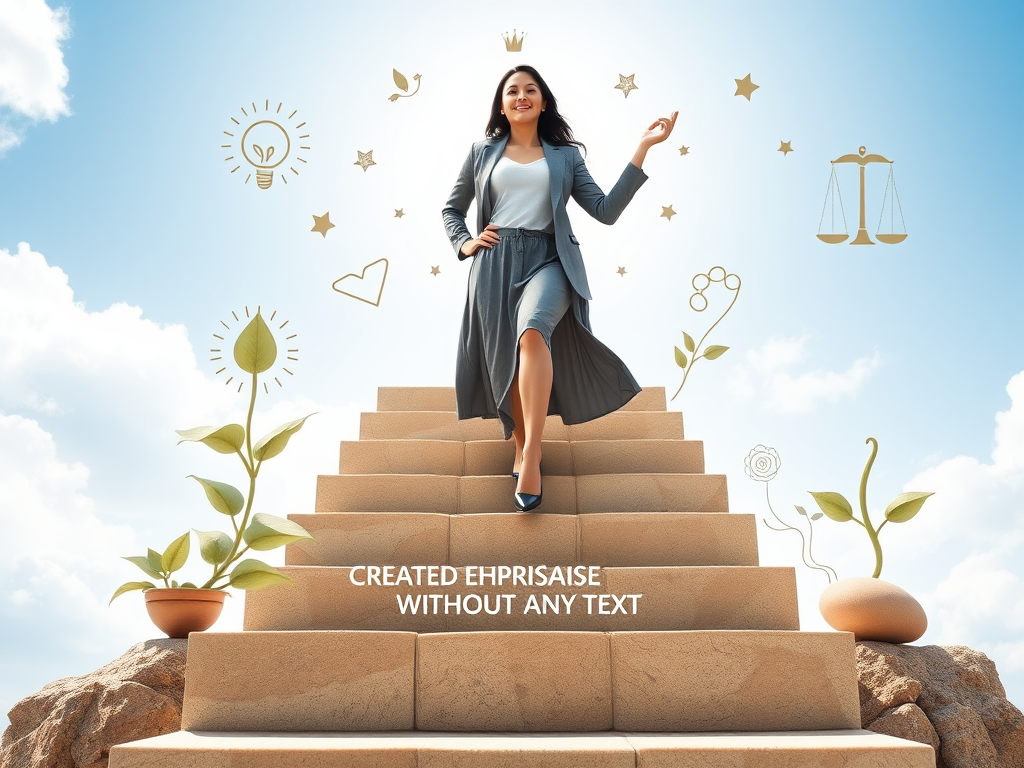 "three steps staircase" with "a confident woman ascending" surrounded by "symbols of growth, balance, and empowerment" in a "bright, inspiring background".