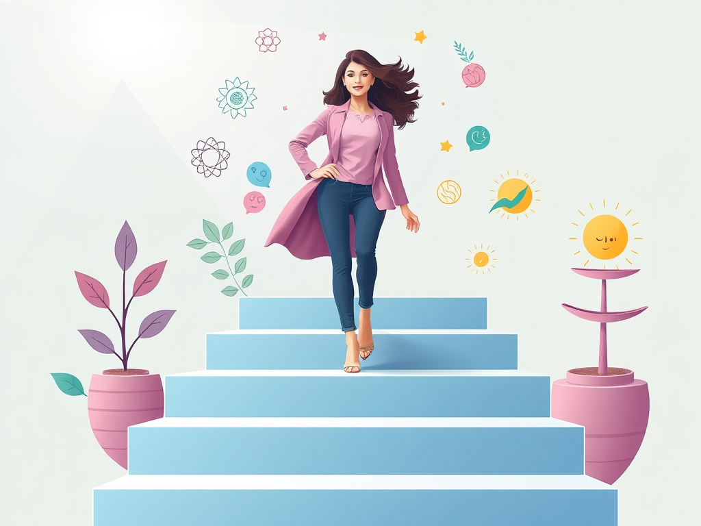 "three steps staircase" with "a confident woman ascending" surrounded by "symbols of growth, balance, and empowerment" in a "bright, inspiring background".