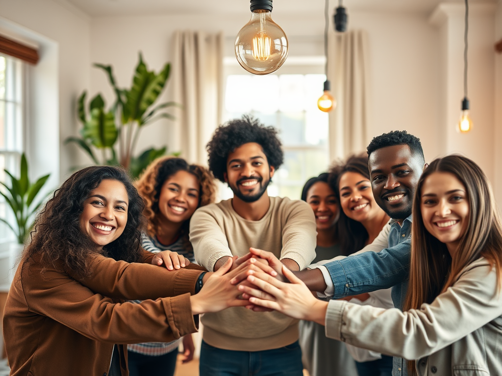 "diverse group of confident people smiling" "warm, inviting room with soft natural light" "symbols of growth like plants and light bulbs" "calm, balanced atmosphere" "hands reaching forward in collaboration"
