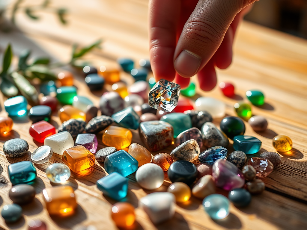 "close-up of colorful polished gemstones scattered on a wooden table" "soft natural light highlighting their textures and colors" "gentle hands reaching to pick one up" "calm, warm background with subtle nature elements"