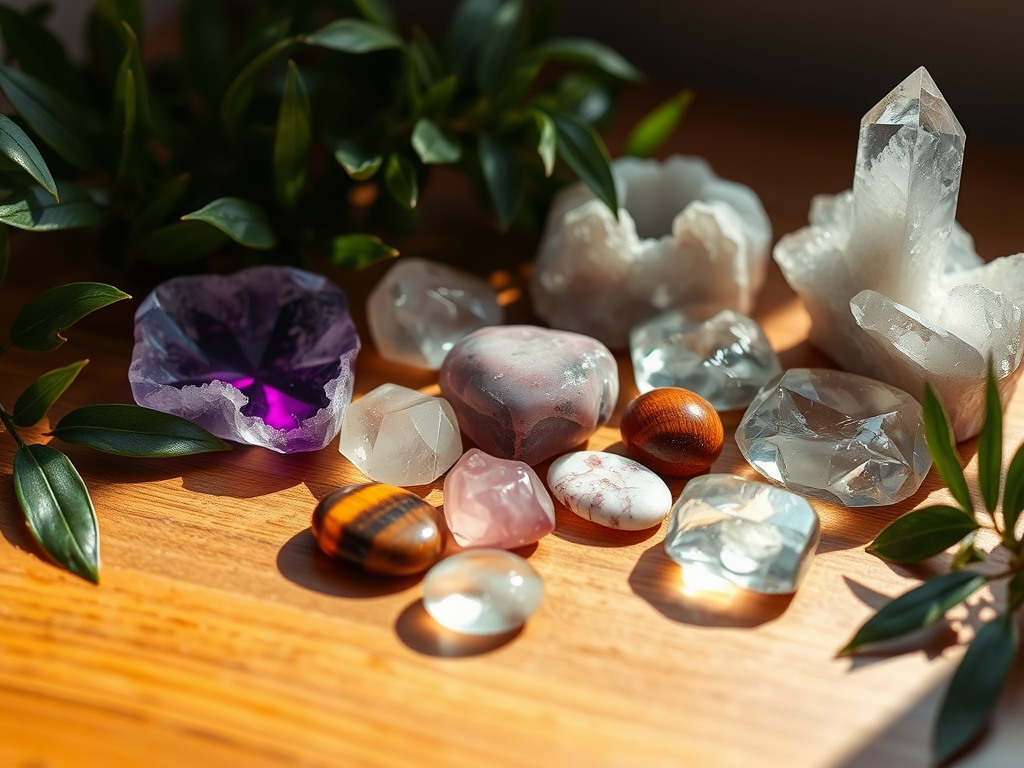 "a wooden table" with "various polished gemstones" including "amethyst, rose quartz, tiger's eye, clear quartz" softly glowing, surrounded by "green leaves and crystal clusters," bathed in warm natural light.