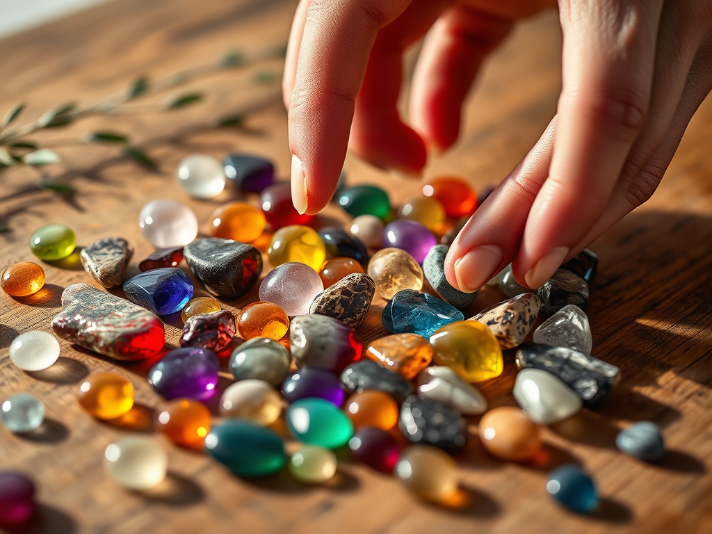 "close-up of colorful polished gemstones scattered on a wooden table" "soft natural light highlighting their textures and colors" "gentle hands reaching to pick one up" "calm, warm background with subtle nature elements"