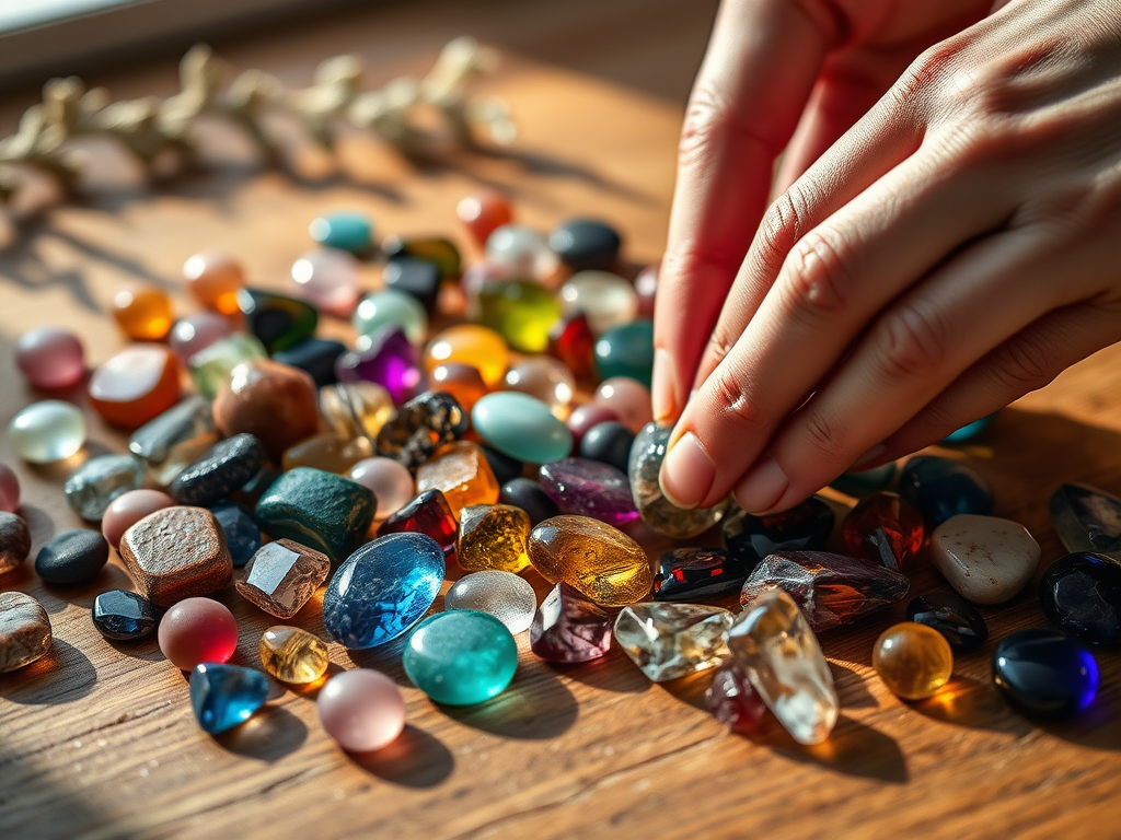 "close-up of colorful polished gemstones scattered on a wooden table" "soft natural light highlighting their textures and colors" "gentle hands reaching to pick one up" "calm, warm background with subtle nature elements"