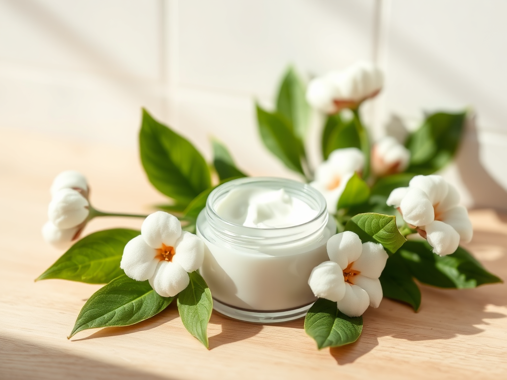 "A serene bathroom scene" featuring "a small open jar of creamy white skin cream" surrounded by "fresh green leaves and soft cotton flowers" with "a gentle morning light" casting "soft shadows" and "a smooth, natural wooden surface" beneath.