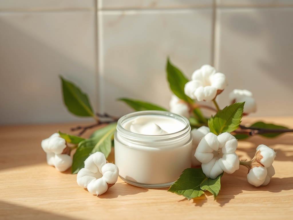 "A serene bathroom scene" featuring "a small open jar of creamy white skin cream" surrounded by "fresh green leaves and soft cotton flowers" with "a gentle morning light" casting "soft shadows" and "a smooth, natural wooden surface" beneath.