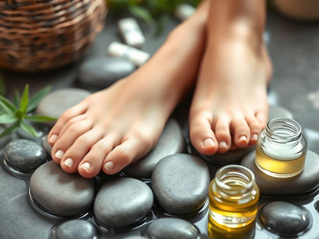 A serene spa scene featuring "a pair of soft, well-moisturized feet resting on smooth stones," surrounded by "small glass jars of natural oils and cream," with "delicate green leaves and soft lighting" highlighting a sense of hydration and care.