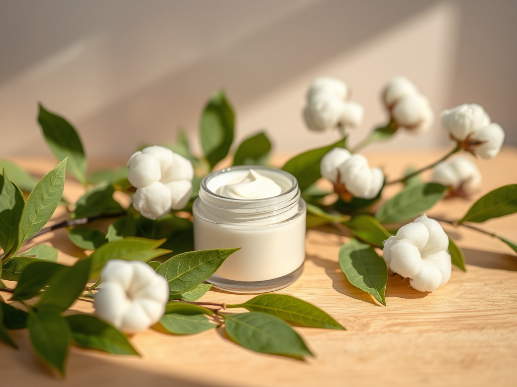 "A serene bathroom scene" featuring "a small open jar of creamy white skin cream" surrounded by "fresh green leaves and soft cotton flowers" with "a gentle morning light" casting "soft shadows" and "a smooth, natural wooden surface" beneath.