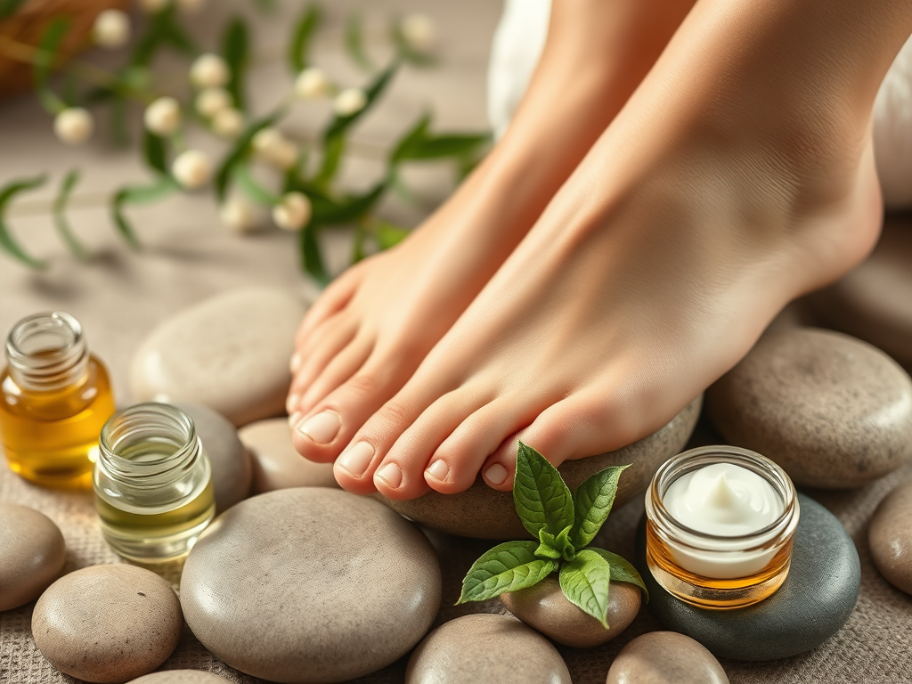 A serene spa scene featuring "a pair of soft, well-moisturized feet resting on smooth stones," surrounded by "small glass jars of natural oils and cream," with "delicate green leaves and soft lighting" highlighting a sense of hydration and care.