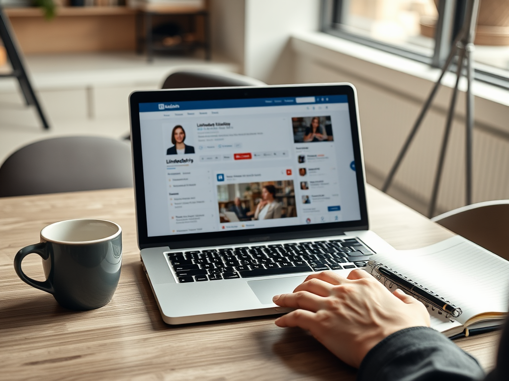 A professional workspace with "laptop displaying LinkedIn profile," "coffee cup," "notebook with pen," "modern office background," "soft natural light," and "motivated person updating profile."