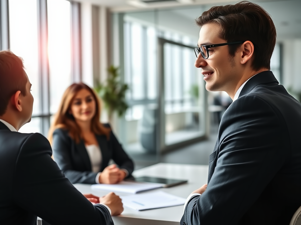 A confident person in business attire "calmly speaking" at a modern office "during an interview" with attentive interviewers, bright natural lighting, professional setting.