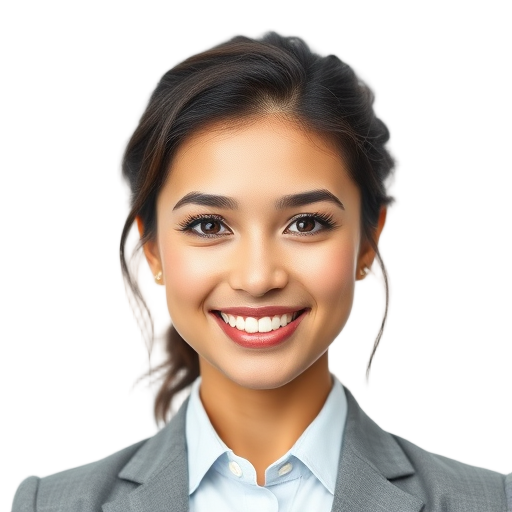 A confident person smiling to the camera with a white background looking like