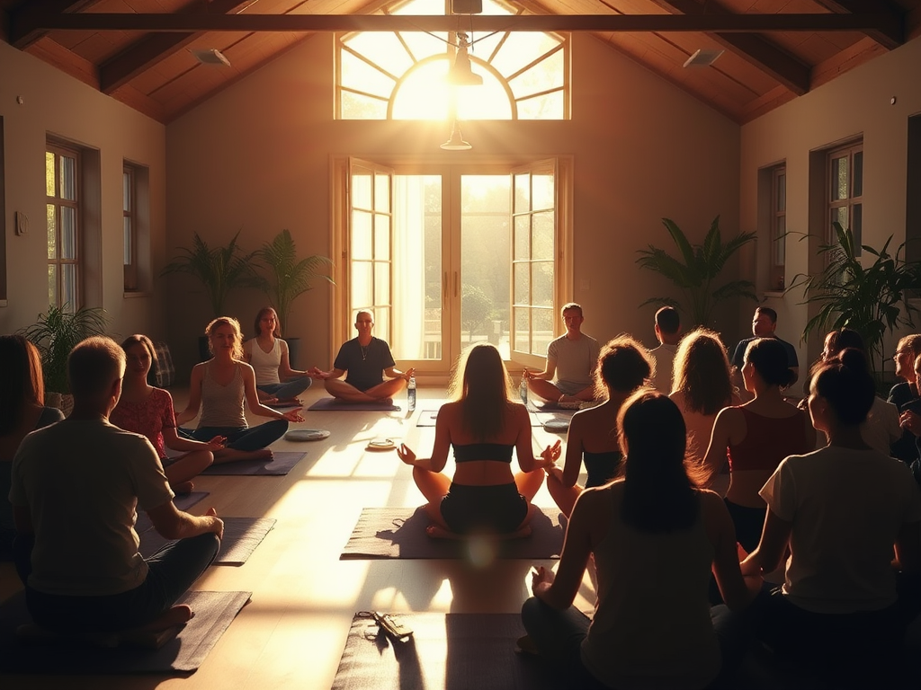 A serene, sunlit room with "people meditating" surrounded by "glowing energy waves," "breathing exercises," and a "supportive community gathering" in warm, natural tones.