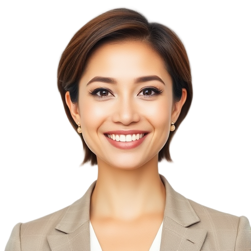 A confident woman smiling to the camera with a white background looking like