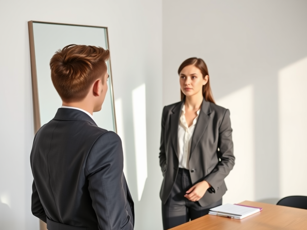 "a confident young professional" "standing in front of a mirror" "wearing business attire" "practicing interview answers" "calm, focused expression" "neatly styled hair" "soft natural lighting" "minimalist modern room" "notes and resume on table nearby"