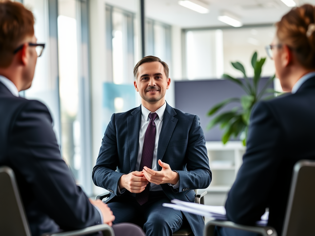 A confident person in business attire "calmly speaking" at a modern office "during an interview" with attentive interviewers, bright natural lighting, professional setting.