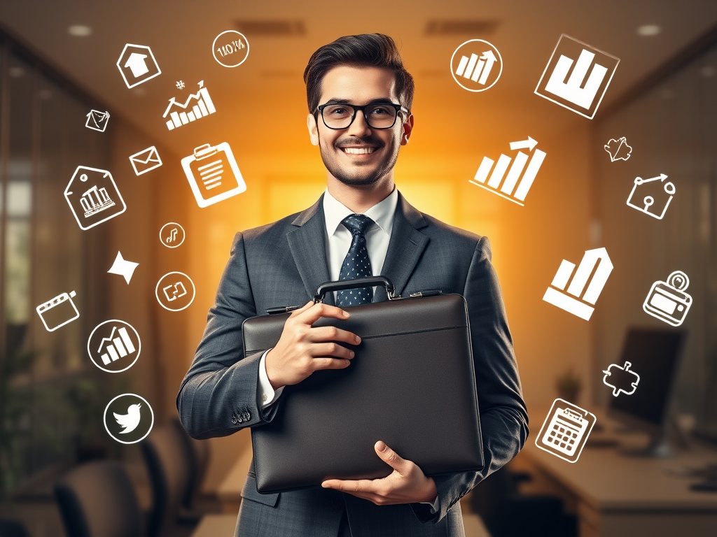 "a confident professional" "holding a glowing briefcase" "surrounded by floating icons of strategy, growth, and success" "warm golden light" "modern office background"