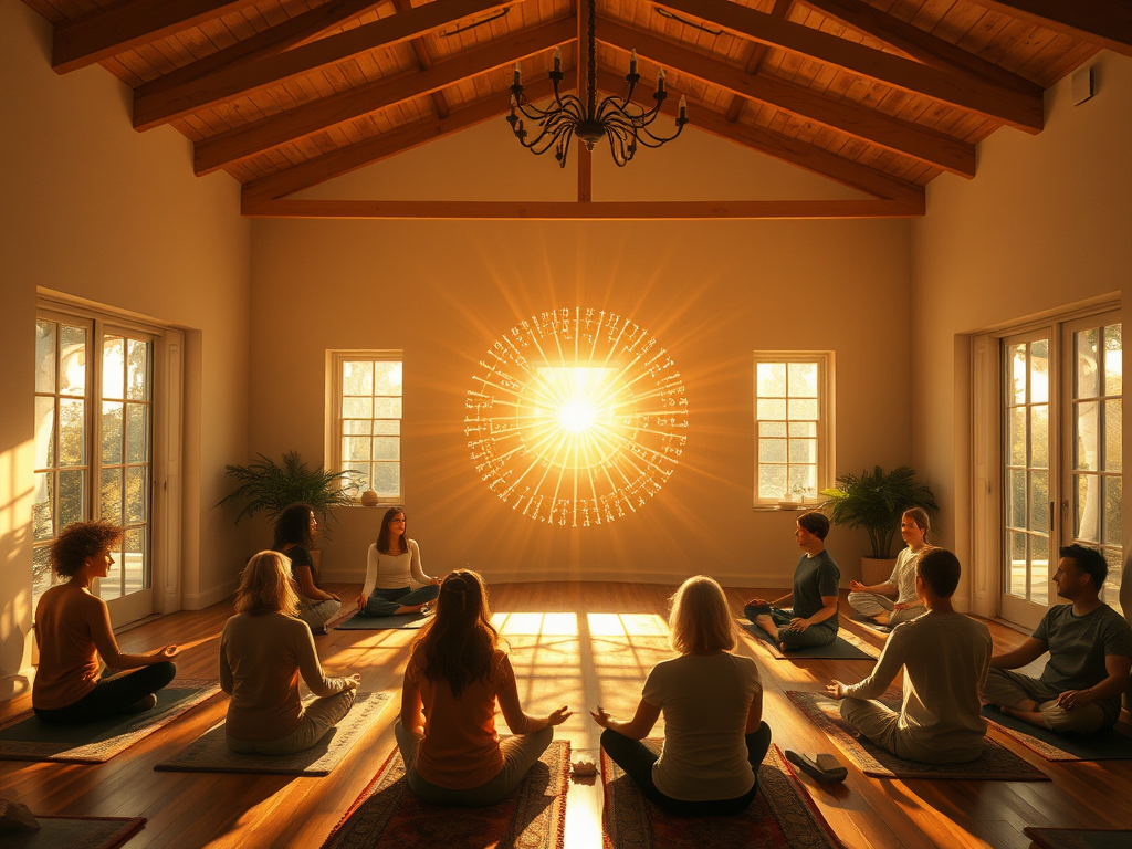 A serene, sunlit room with "people meditating" surrounded by "glowing energy waves," "breathing exercises," and a "supportive community gathering" in warm, natural tones.