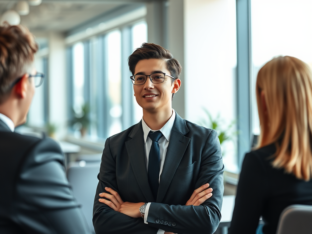 A confident person in business attire "calmly speaking" at a modern office "during an interview" with attentive interviewers, bright natural lighting, professional setting.