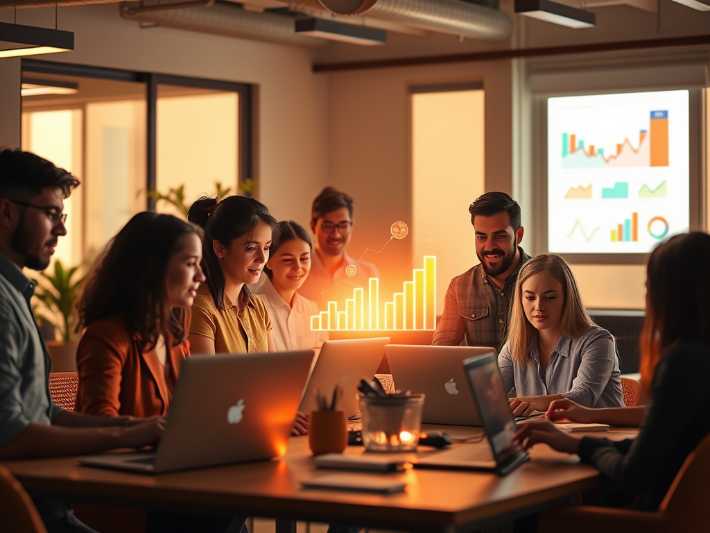 A diverse group of professionals in a warm, collaborative workspace, glowing laptops, vibrant charts floating, bright light symbolizing insight and growth.