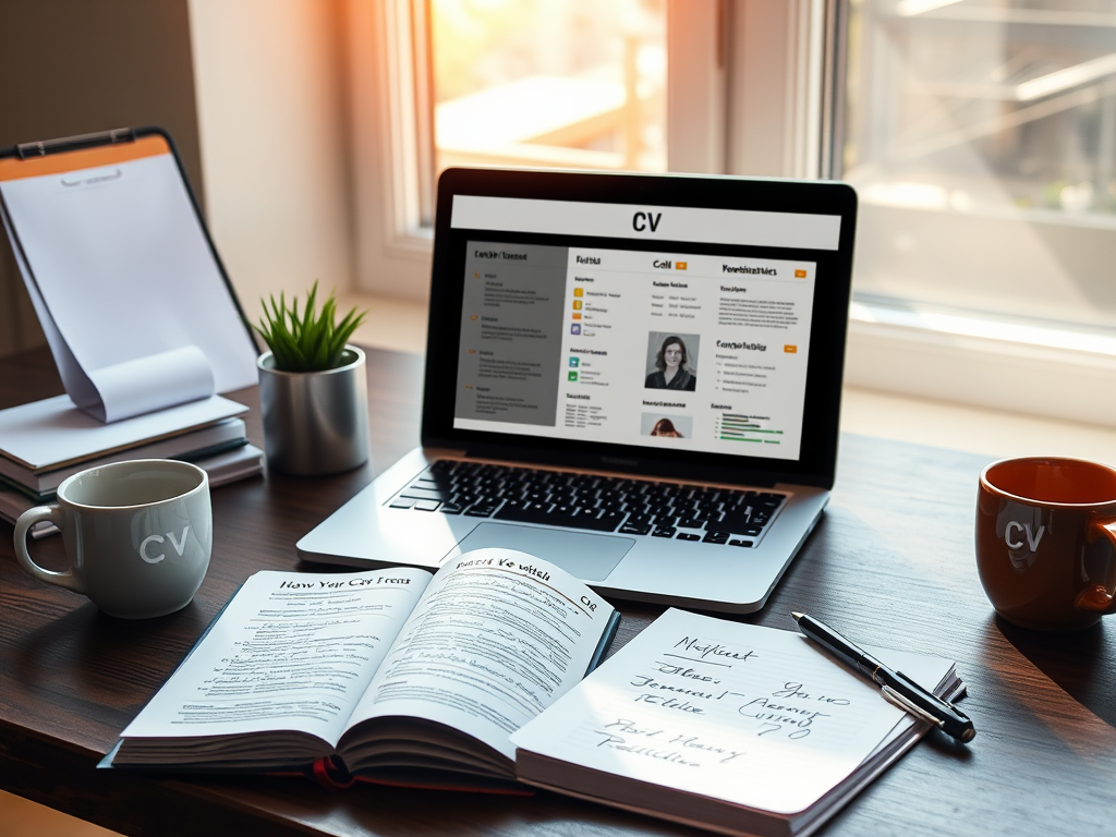 A professional workspace with "open laptop displaying CV templates," "notebook with handwritten notes," "coffee cup," "pen," and "sunlight streaming through window"