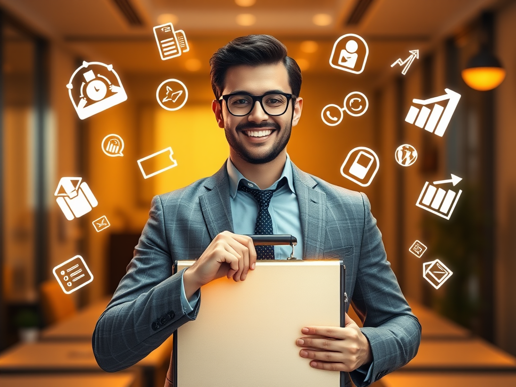 "a confident professional" "holding a glowing briefcase" "surrounded by floating icons of strategy, growth, and success" "warm golden light" "modern office background"