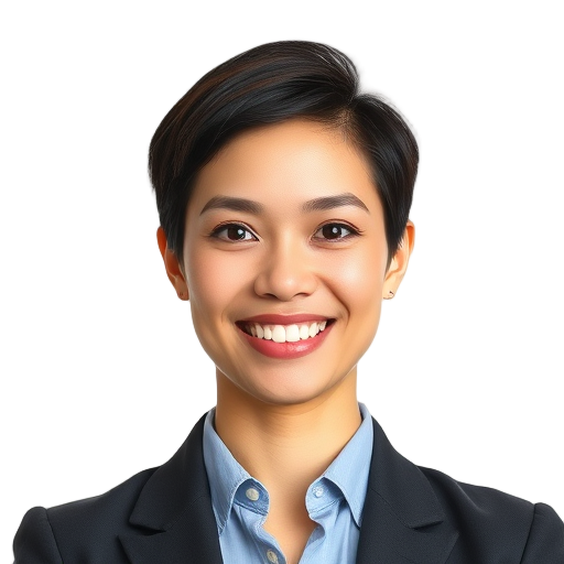 A confident person smiling warmly to the camera with a white background looking like