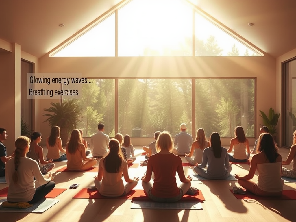 A serene, sunlit room with "people meditating" surrounded by "glowing energy waves," "breathing exercises," and a "supportive community gathering" in warm, natural tones.