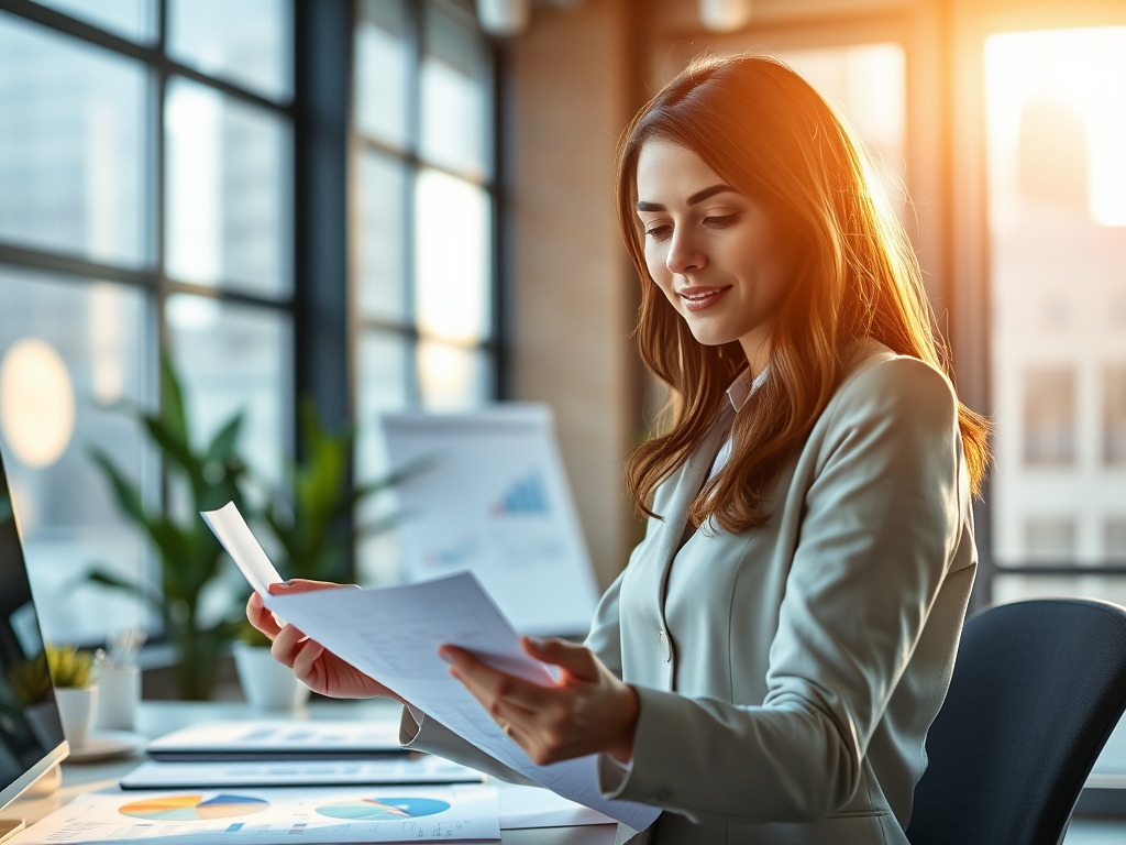 A confident professional woman in a modern office, reviewing documents, surrounded by charts and graphs, warm sunlight streaming through large windows.