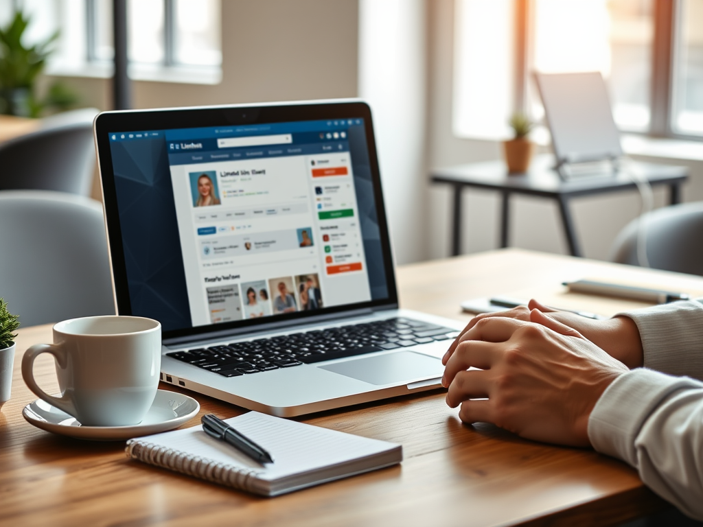 A professional workspace with "laptop displaying LinkedIn profile," "coffee cup," "notebook with pen," "modern office background," "soft natural light," and "motivated person updating profile."