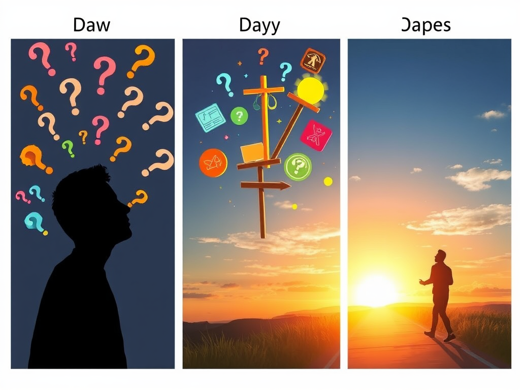 "three distinct panels" "day one showing a person introspecting surrounded by floating question marks and glowing icons of talents and ambitions" "day two depicting the same person exploring multiple paths with signposts and bright opportunities around" "