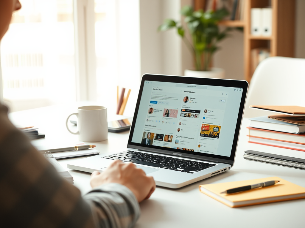 "modern workspace" with "laptop open to professional networking site" surrounded by "notebooks, coffee cup", "focused person updating profile", "bright natural light", "clean minimal desk setup"