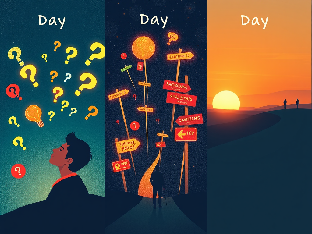 "three distinct panels" "day one showing a person introspecting surrounded by floating question marks and glowing icons of talents and ambitions" "day two depicting the same person exploring multiple paths with signposts and bright opportunities around" "