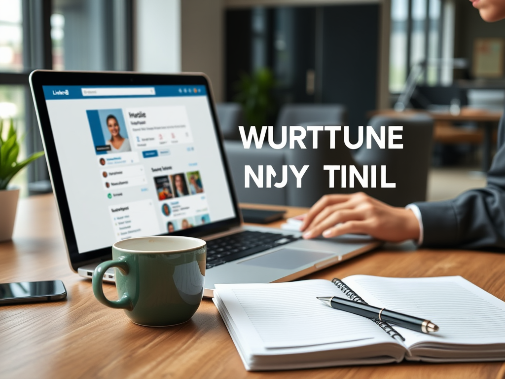 A professional workspace with "laptop displaying LinkedIn profile," "coffee cup," "notebook with pen," "modern office background," "soft natural light," and "motivated person updating profile."
