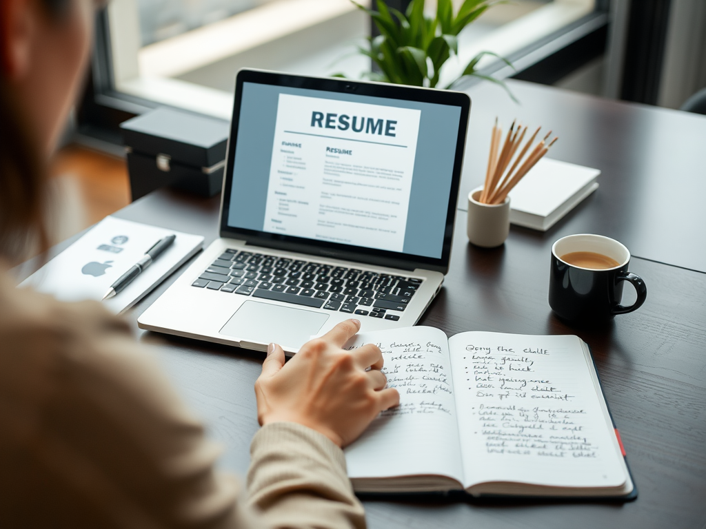 "professional workspace" with "laptop displaying a résumé template", "notebook with handwritten notes", "coffee cup", "soft natural lighting", "calm focused atmosphere", "modern desk with stationery", "a person thoughtfully writing"