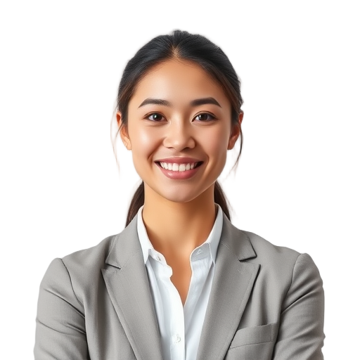 A confident person smiling to the camera with a white background looking like