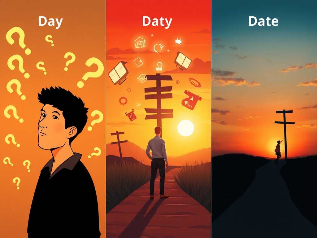 "three distinct panels" "day one showing a person introspecting surrounded by floating question marks and glowing icons of talents and ambitions" "day two depicting the same person exploring multiple paths with signposts and bright opportunities around" "