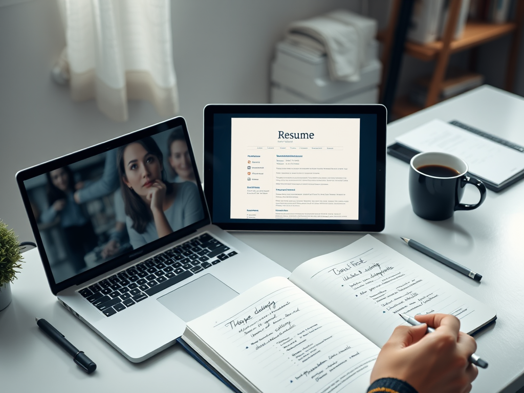 "professional workspace" with "laptop displaying a résumé template", "notebook with handwritten notes", "coffee cup", "soft natural lighting", "calm focused atmosphere", "modern desk with stationery", "a person thoughtfully writing"