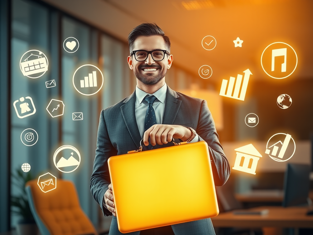 "a confident professional" "holding a glowing briefcase" "surrounded by floating icons of strategy, growth, and success" "warm golden light" "modern office background"
