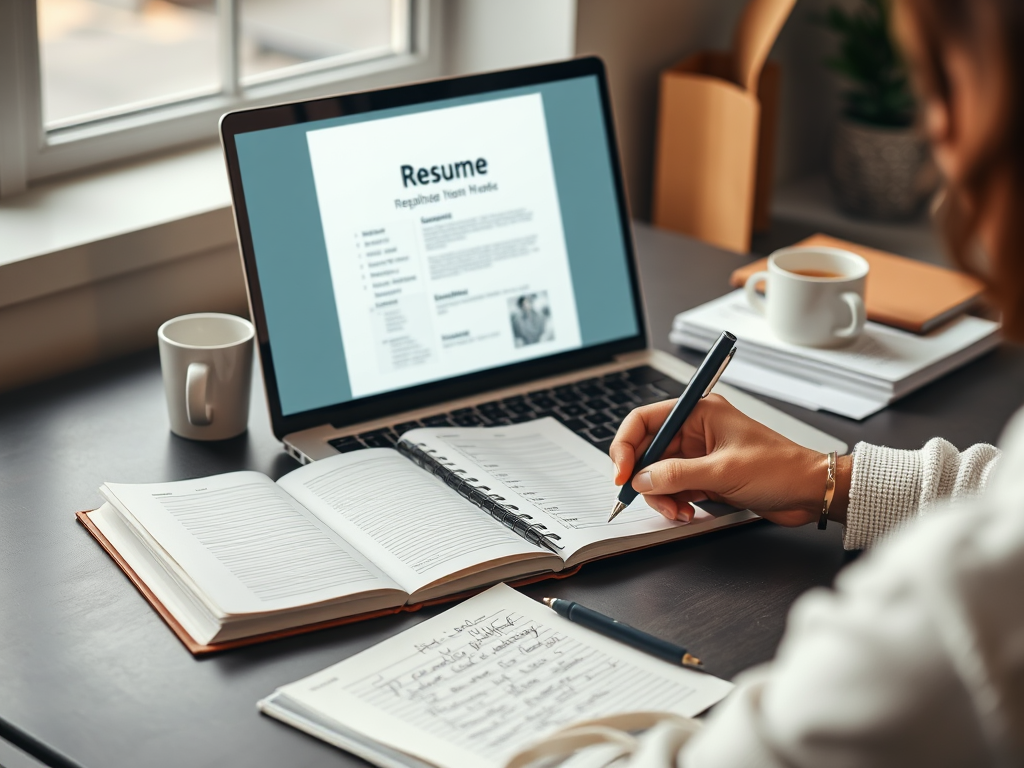 "professional workspace" with "laptop displaying a résumé template", "notebook with handwritten notes", "coffee cup", "soft natural lighting", "calm focused atmosphere", "modern desk with stationery", "a person thoughtfully writing"