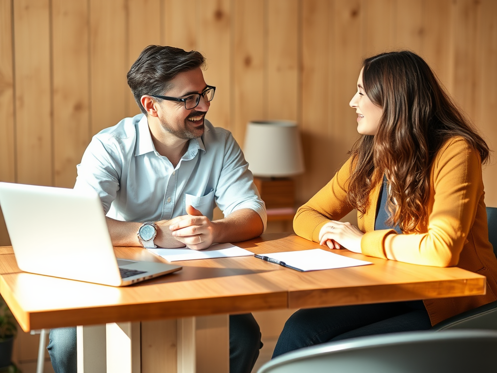 A warm, inviting coaching session with a friendly expert and a motivated individual, sitting at a wooden table, papers and laptop nearby, soft natural light.