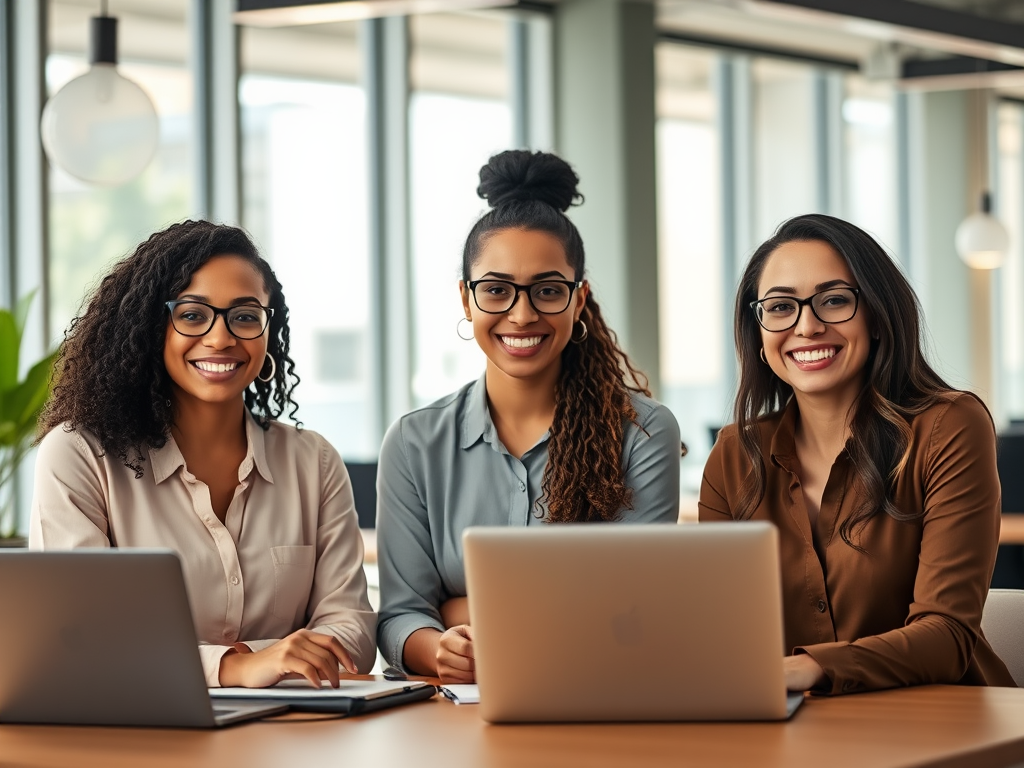 A diverse group of three confident professionals smiling, "modern office background", "laptops and notebooks on desks", "sunlight streaming through large windows", "warm and supportive atmosphere".
