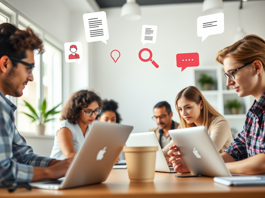 "a diverse group of people focused on laptops" "bright, modern home office environment" "floating icons of resumes, magnifying glass, and chat bubbles" "calm, motivating atmosphere"