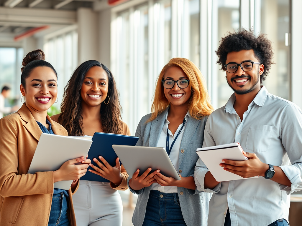 "a diverse group of three professionals" "smiling confidently in a bright modern office" "holding laptops and notebooks" "showing teamwork and support" "sunlight streaming through large windows"